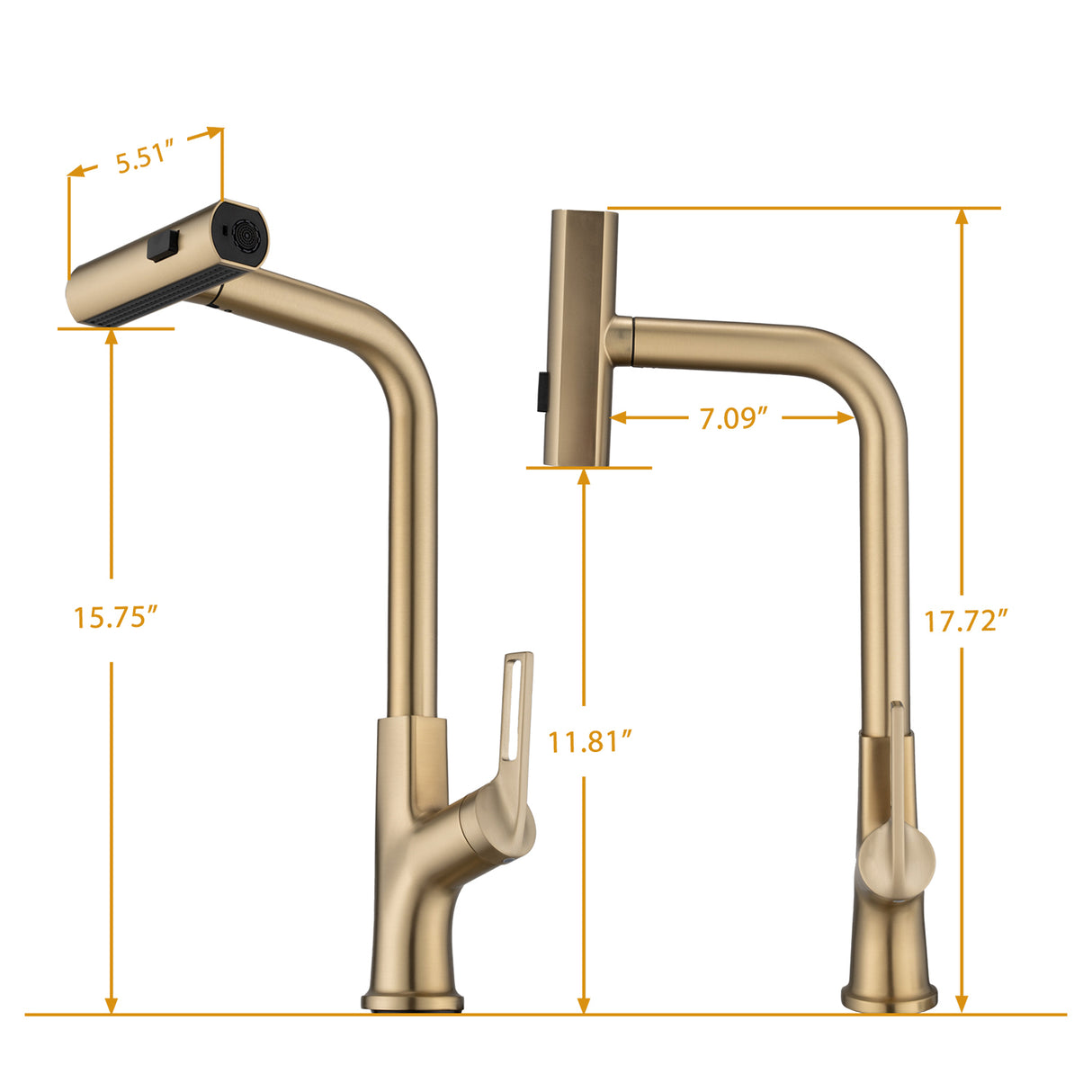 Brushed Gold Kitchen waterfall faucet with pull down sprayer