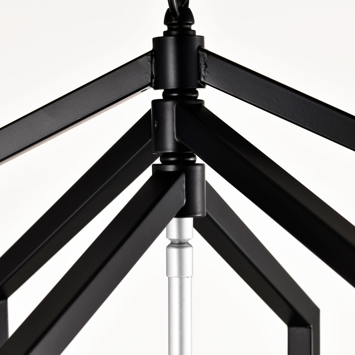 Modern black and silver 12-light geometric chandelier for dining rooms. Sleek LED & Lighting design with a unique cage frame, ideal for high ceilings. Perfect for creating elegant dining spaces. Available now at BoltBuy.com.