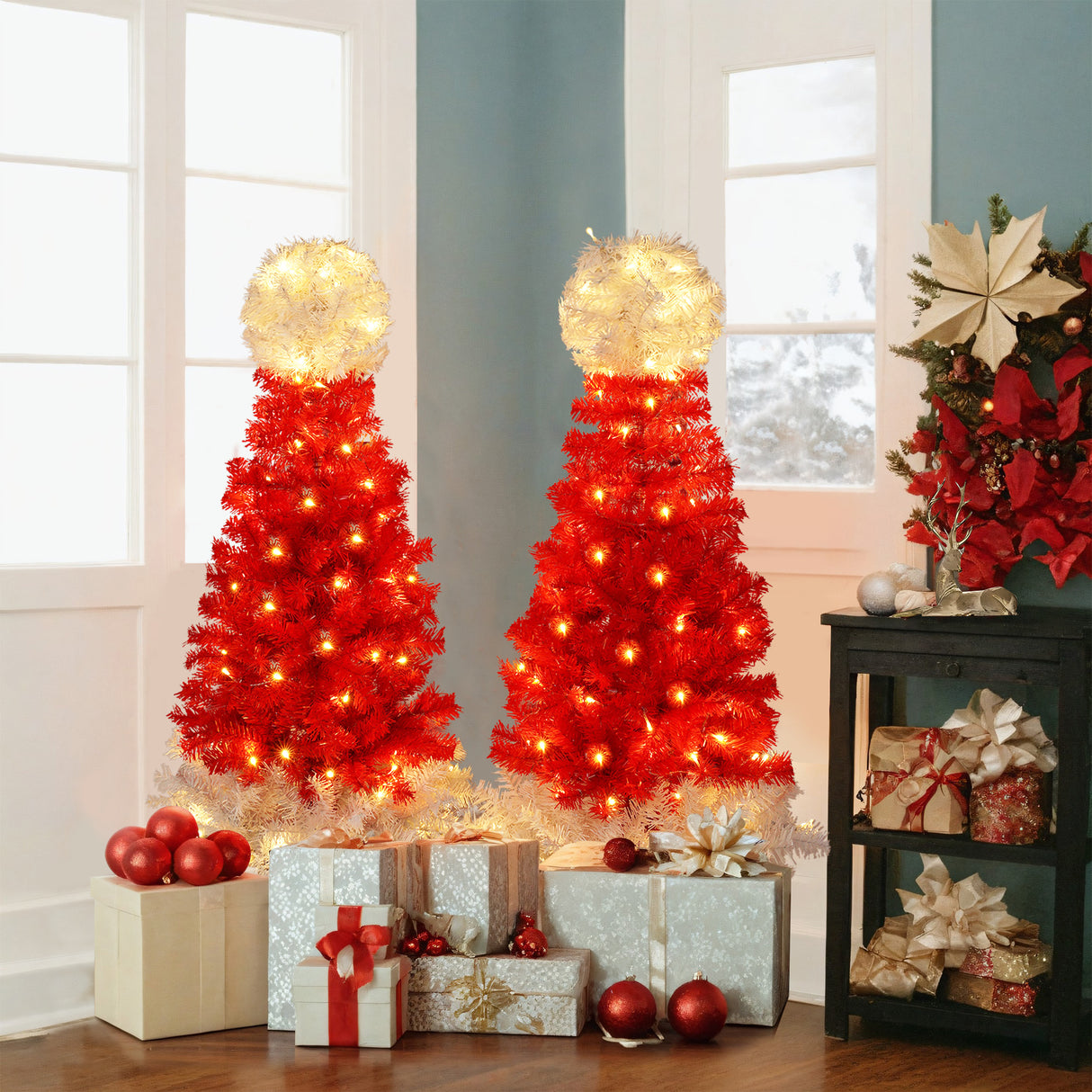 Festive red and white LED Christmas tree for indoor holiday decor, featuring vibrant lights and a unique snow-topped design, perfect for creating a warm, joyful atmosphere in your living room or near the fireplace. Shop at Boltbuy.com for elegant Christmas decorations