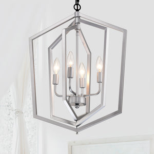 Modern geometric LED dining room chandelier with silver frame and candle-style bulbs, perfect for enhancing your dining area with elegant and energy-efficient lighting - available at BoltBuy.com.