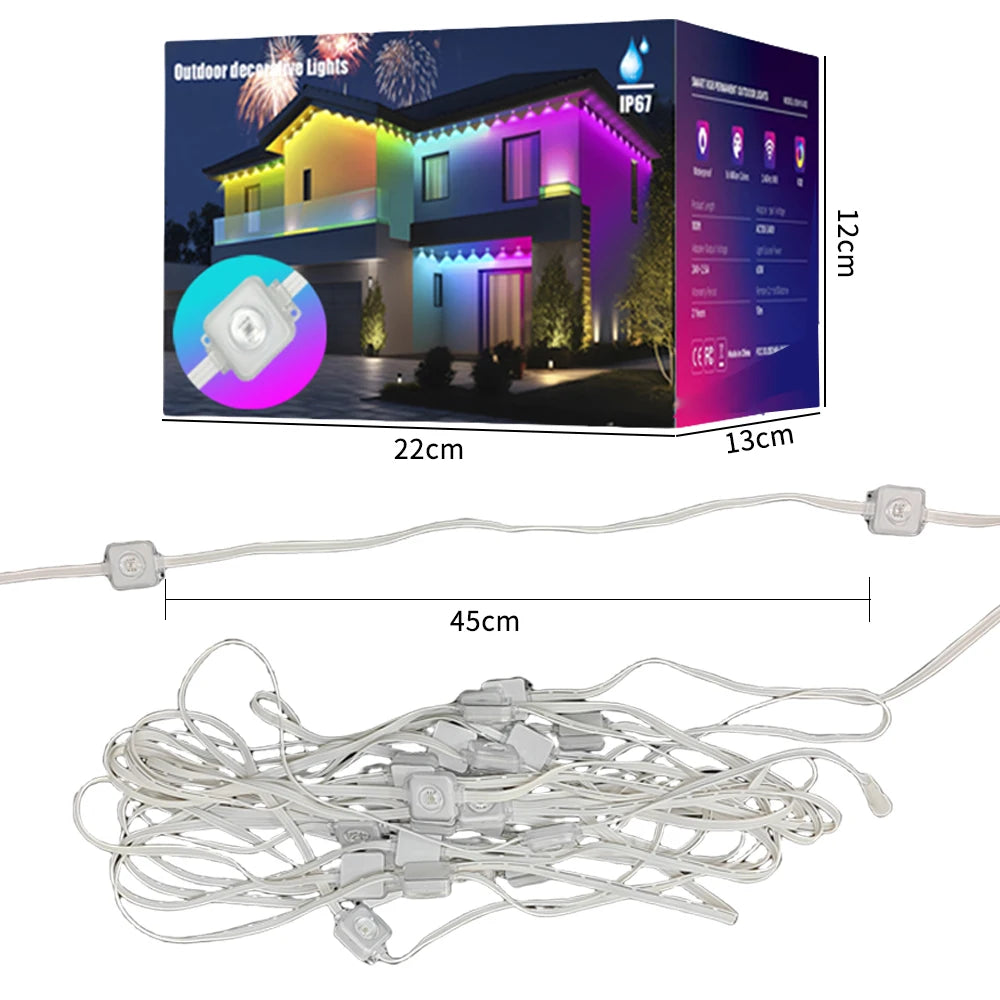 15m 30 LED eaves lights with vibrant RGB colors, perfect for outdoor decor and holiday lighting, app-controlled for easy customization. Shop now at boltbuy.com.