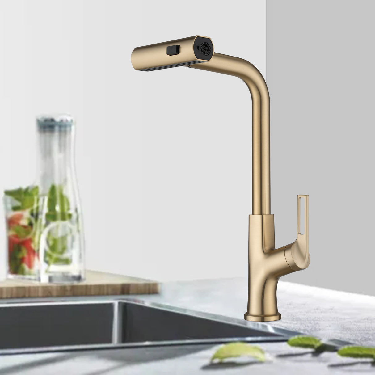 Brushed Gold Kitchen waterfall faucet with pull down sprayer