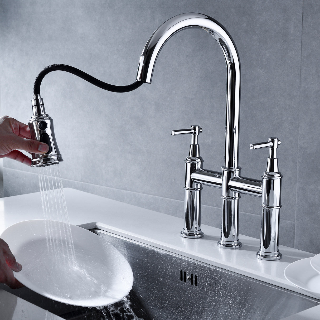 Bridge Kitchen Faucet with Pull-Down Sprayhead in Spot