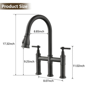 Double Handle Bridge Kitchen Faucet With Pull-Down Spray Head