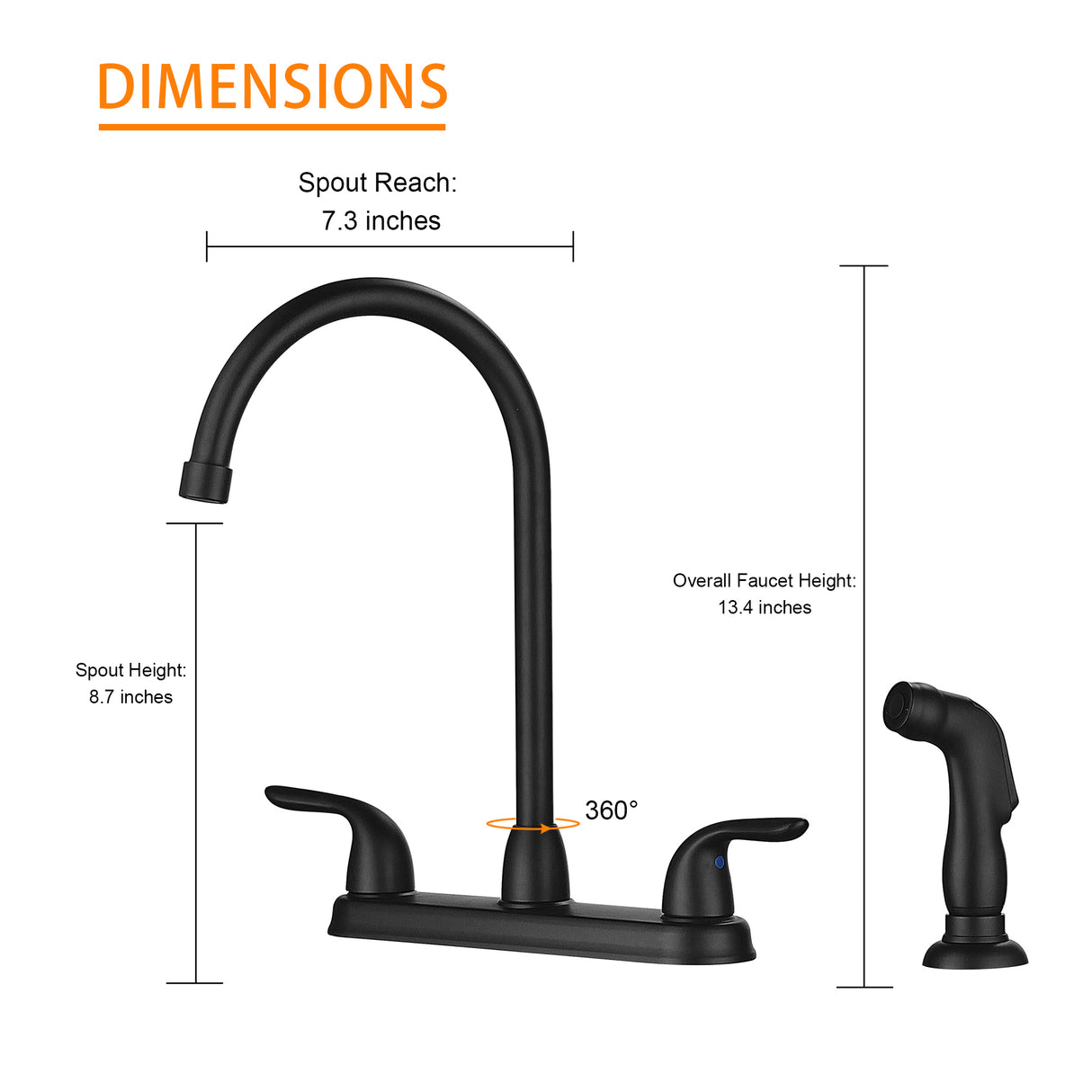 Kitchen Sink Faucet with 2 Handles and Pull-Out Side Sprayer Matte Black