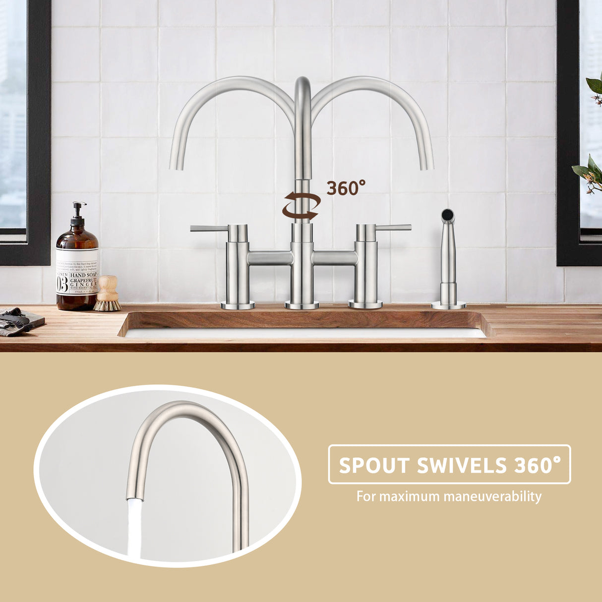 Double Handle Bridge Kitchen Faucet with Side Spray