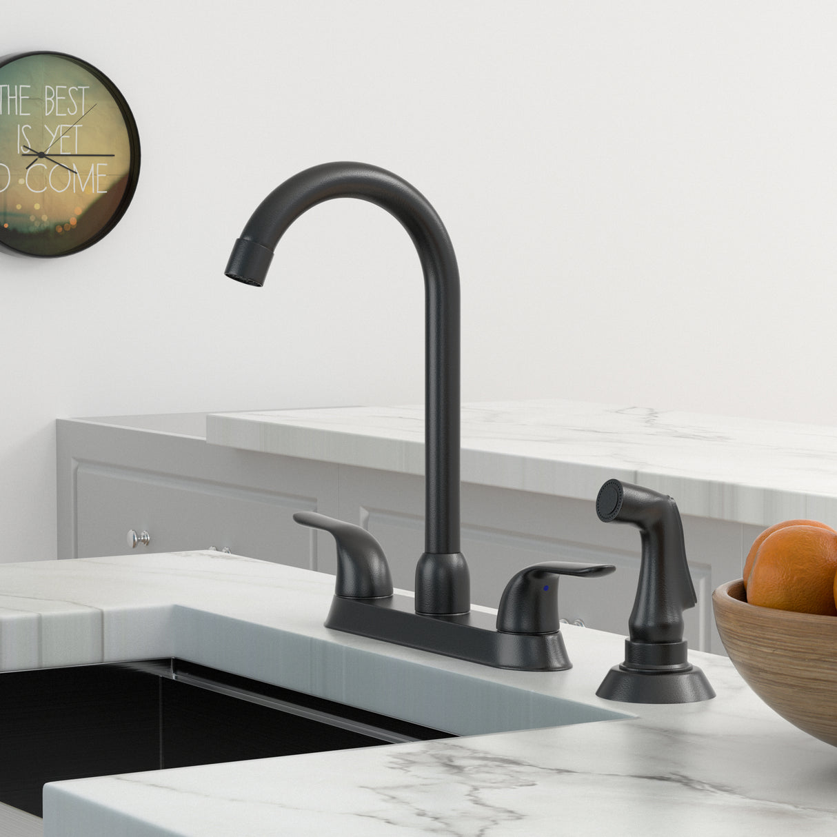 Kitchen Sink Faucet with 2 Handles and Pull-Out Side Sprayer Matte Black