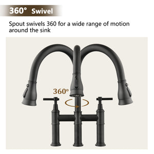 Double Handle Bridge Kitchen Faucet With Pull-Down Spray Head