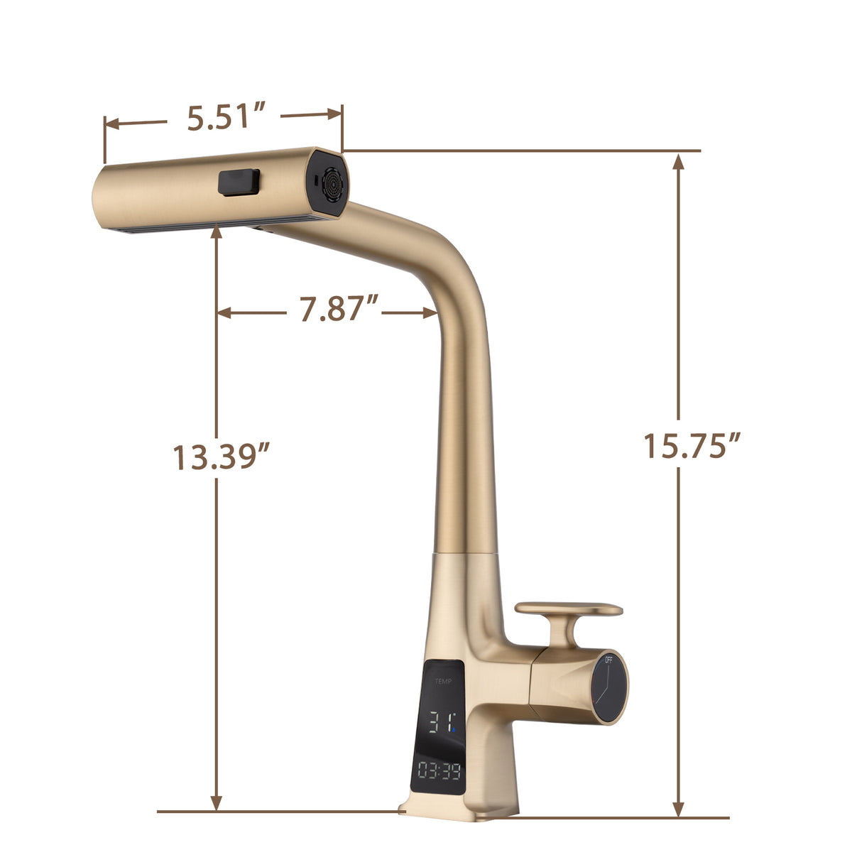 Brushed Gold Waterfall Kitchen Faucet with Temperature Display