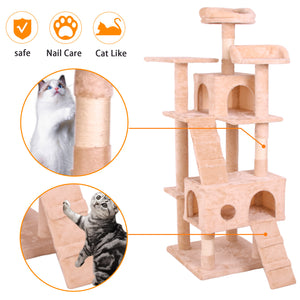 Beige multi-level cat tree with cozy perches, scratching posts, and a hidden cubby, perfect for providing cats a comfortable place to play, climb, and rest. Stylish and durable design for pet furniture lovers at BoltBuy.com.