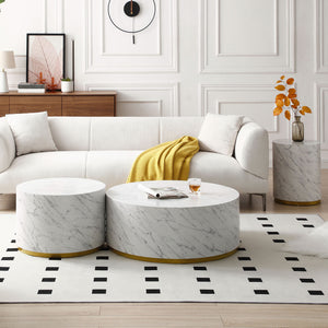 Faux Marble Coffee Tables for Living Room, 35.43inch Accent Tea Tables with Gold Metal Base(White)