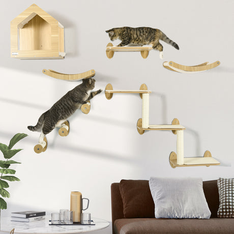 Oak-colored multi-level cat tree with 10 customizable levels, curved perches, and a cushioned house. Durable and stylish for cats up to 10 lbs. Available at BoltBuy.com.