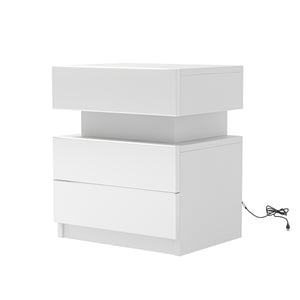 NEW LED Nightstand Modern White Nightstand with Led Lights Wood Led Bedside Table Nightstand with 2 High Gloss Drawers for Bedroom