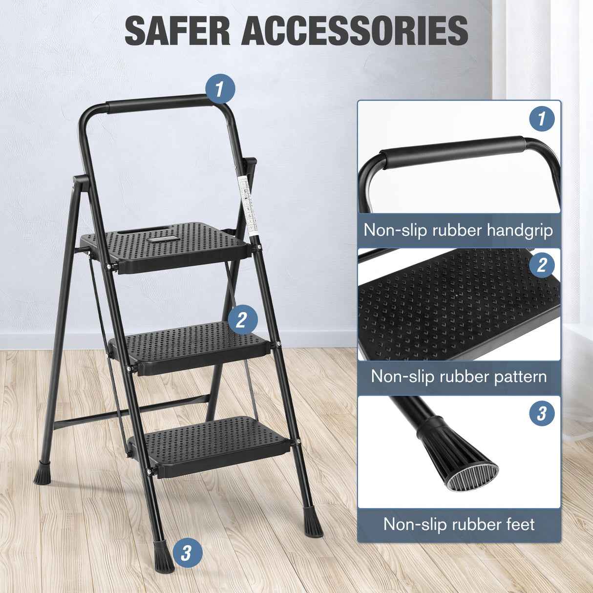 3 Non-slip step ladder, quick folding steel ladder Sturdy metal supported household tools for home/office work at altitude, portable step tools