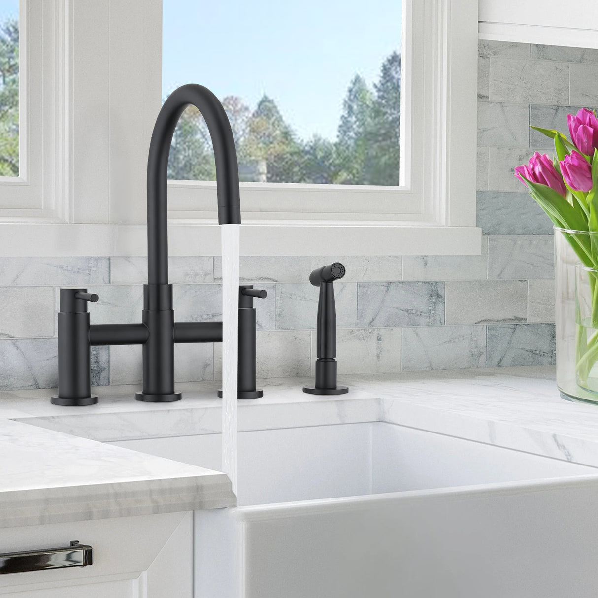 Double Handle Bridge Kitchen Faucet with Side Spray