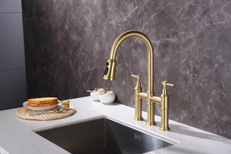 Bridge Kitchen Faucet with Pull-Down Sprayhead in Spot