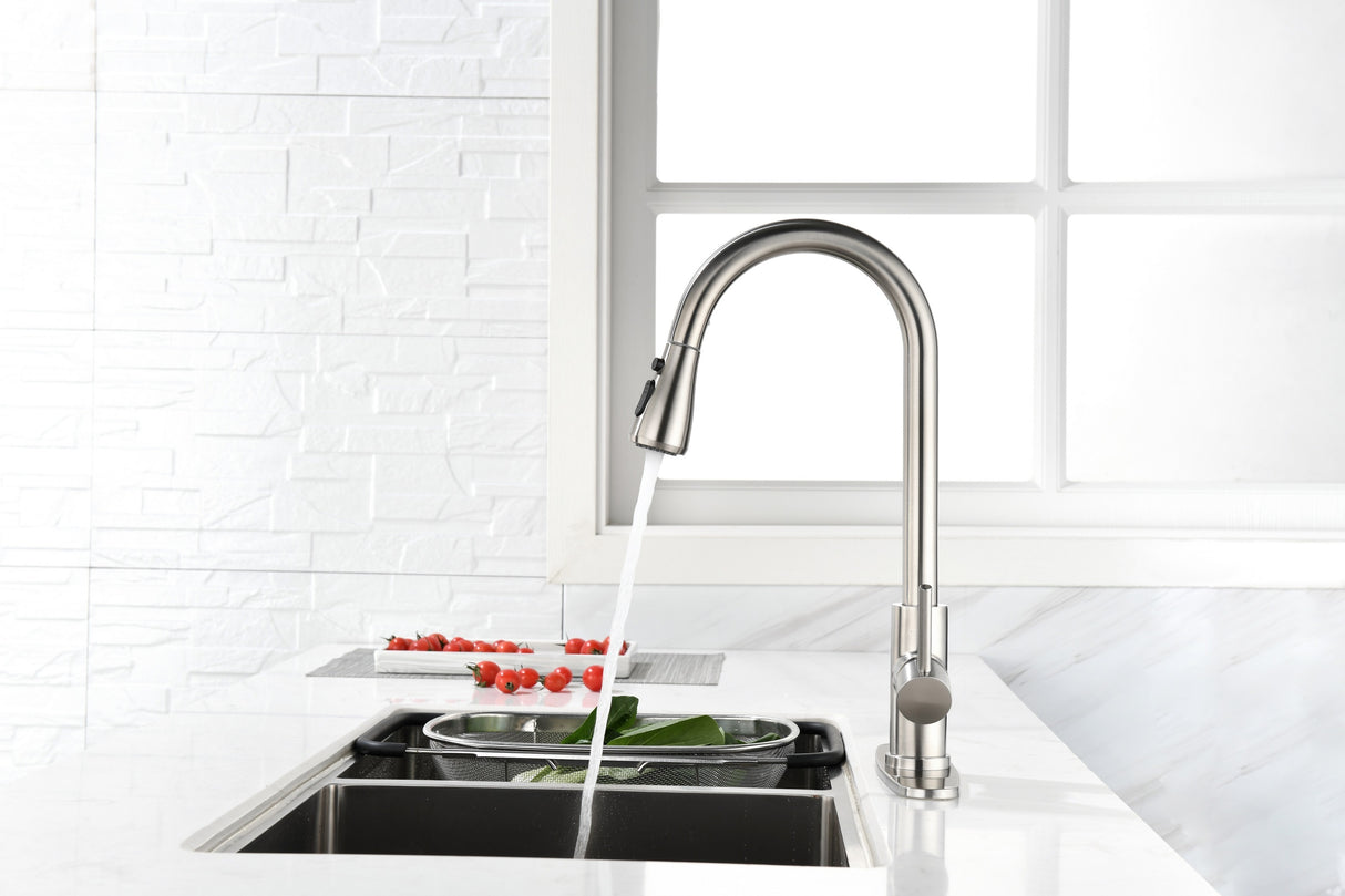 Single Handle High Arc Brushed Nickel Pull Out Kitchen Faucet