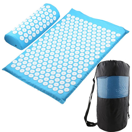 Acupressure mat and pillow set for pain relief and relaxation, ideal for massaging muscles and improving circulation. Available in multiple colors with portable carry bag included for easy transportation. Perfect for home use or sports recovery. Shop at BoltBuy for your wellness needs.