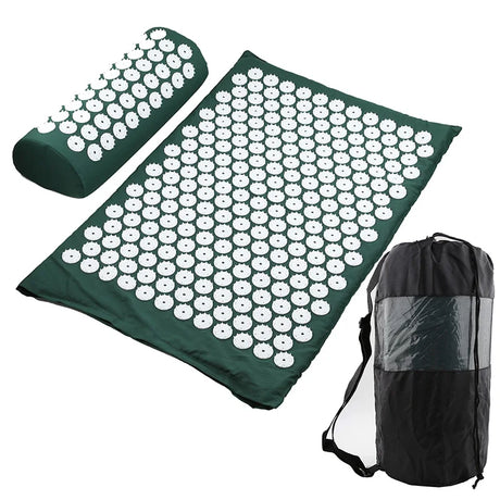 Acupressure mat and pillow set for pain relief and relaxation, ideal for massaging muscles and improving circulation. Available in multiple colors with portable carry bag included for easy transportation. Perfect for home use or sports recovery. Shop at BoltBuy for your wellness needs.