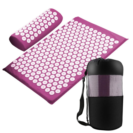 Acupressure mat and pillow set for pain relief and relaxation, ideal for massaging muscles and improving circulation. Available in multiple colors with portable carry bag included for easy transportation. Perfect for home use or sports recovery. Shop at BoltBuy for your wellness needs.