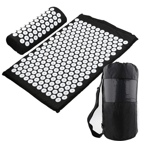 Acupressure mat and pillow set for pain relief and relaxation, ideal for massaging muscles and improving circulation. Available in multiple colors with portable carry bag included for easy transportation. Perfect for home use or sports recovery. Shop at BoltBuy for your wellness needs.