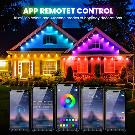 Outdoor LED eaves lights with 16 million color options, 44 scene modes, app and Bluetooth control, waterproof design for holiday and year-round decor. Shop now at boltbuy.com