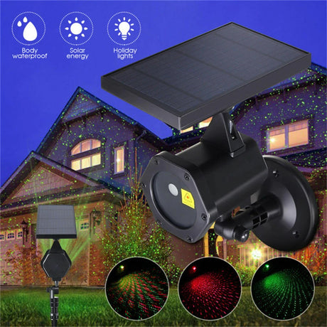 LED Outdoor Laser Projector with 360° adjustable solar panel and 180° rotatable head, perfect for IP65 waterproof snowflake pattern display and eco-friendly garden or holiday lighting solutions.