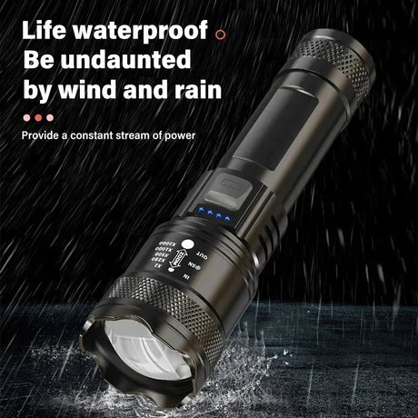 High-power 20,000 lumens waterproof LED zoom flashlight with 1500m range, ideal for outdoor activities like hiking and camping, available at BoltBuy.com