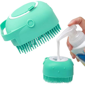 2-in-1 dog bathing brush with built-in shampoo dispenser, perfect for easy and effective pet grooming at BoltBuy.com