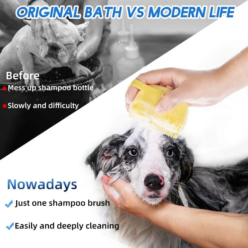 2-in-1 dog bathing brush with built-in shampoo dispenser, perfect for easy and effective pet grooming at BoltBuy.com