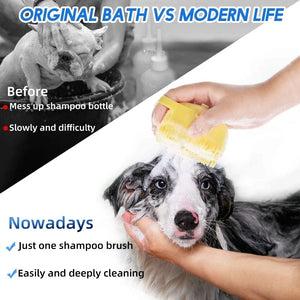 2-in-1 dog bathing brush with built-in shampoo dispenser, perfect for easy and effective pet grooming at BoltBuy.com