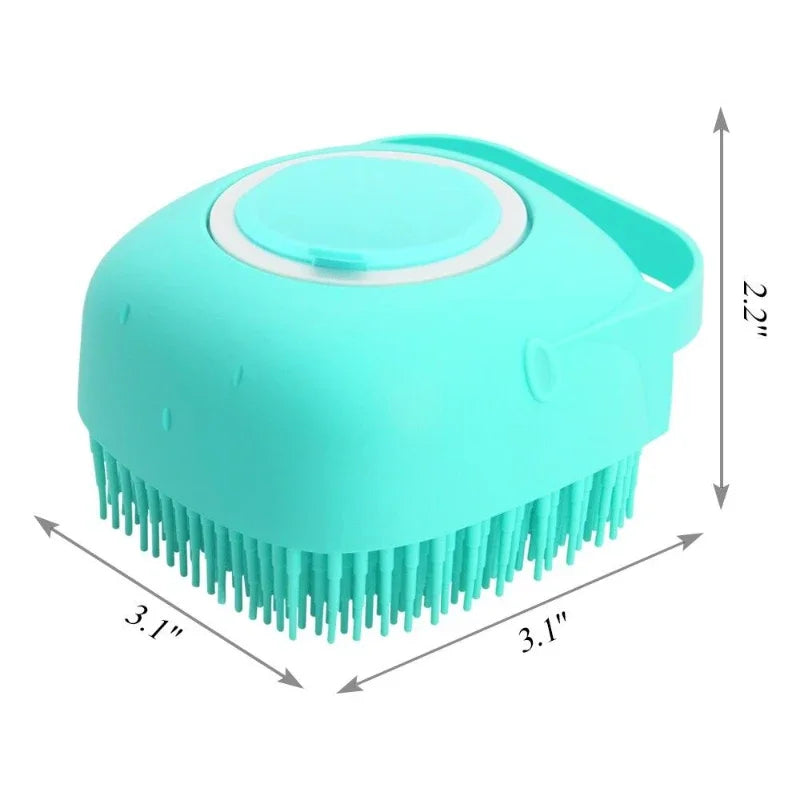 2-in-1 dog bathing brush with built-in shampoo dispenser, perfect for easy and effective pet grooming at BoltBuy.com