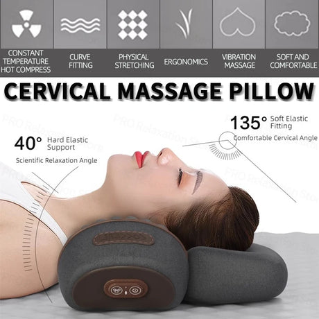 Ergonomic cervical massage pillow with vibration and heat therapy for neck pain relief, designed for sports recovery and daily relaxation. Available now at BoltBuy.com.