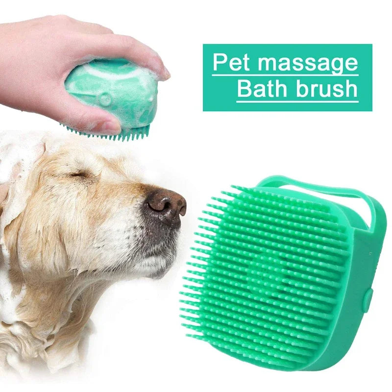 2-in-1 dog bathing brush with built-in shampoo dispenser, perfect for easy and effective pet grooming at BoltBuy.com