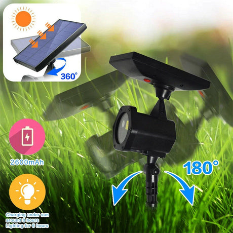 LED Outdoor Laser Projector with 360° adjustable solar panel and 180° rotatable head, perfect for IP65 waterproof snowflake pattern display and eco-friendly garden or holiday lighting solutions.