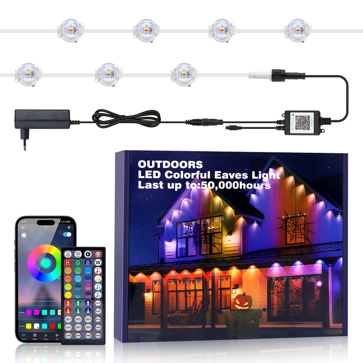 Outdoor LED eaves lights with 16 million color options, 44 scene modes, app and Bluetooth control, waterproof design for holiday and year-round decor. Shop now at boltbuy.com