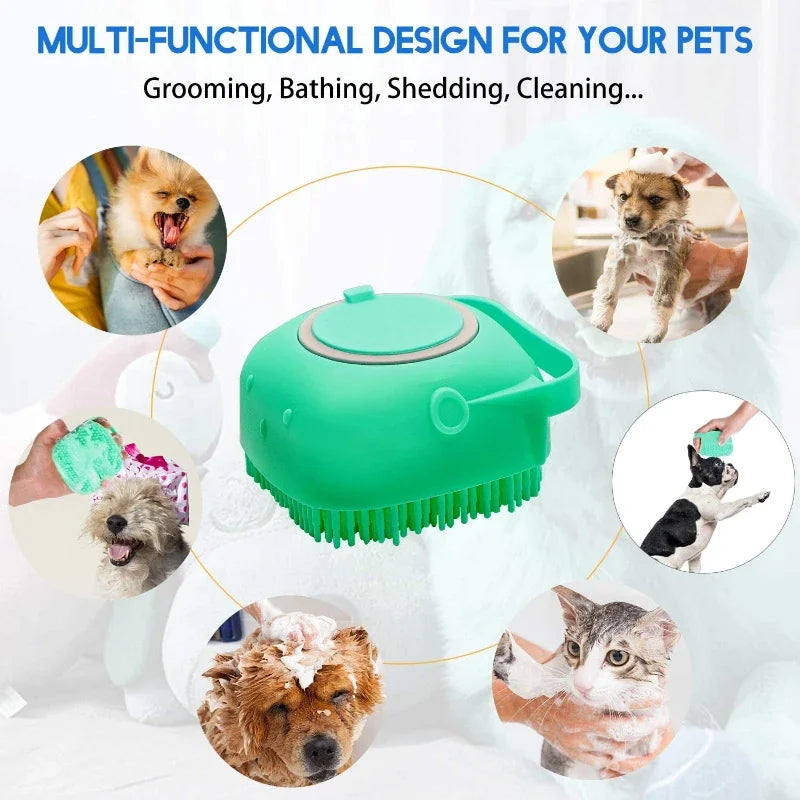 2-in-1 dog bathing brush with built-in shampoo dispenser, perfect for easy and effective pet grooming at BoltBuy.com