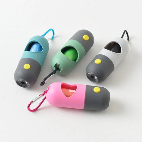 Pet poop bag dispenser with built-in LED light for easy clean-up during night walks, durable and convenient at BoltBuy.com