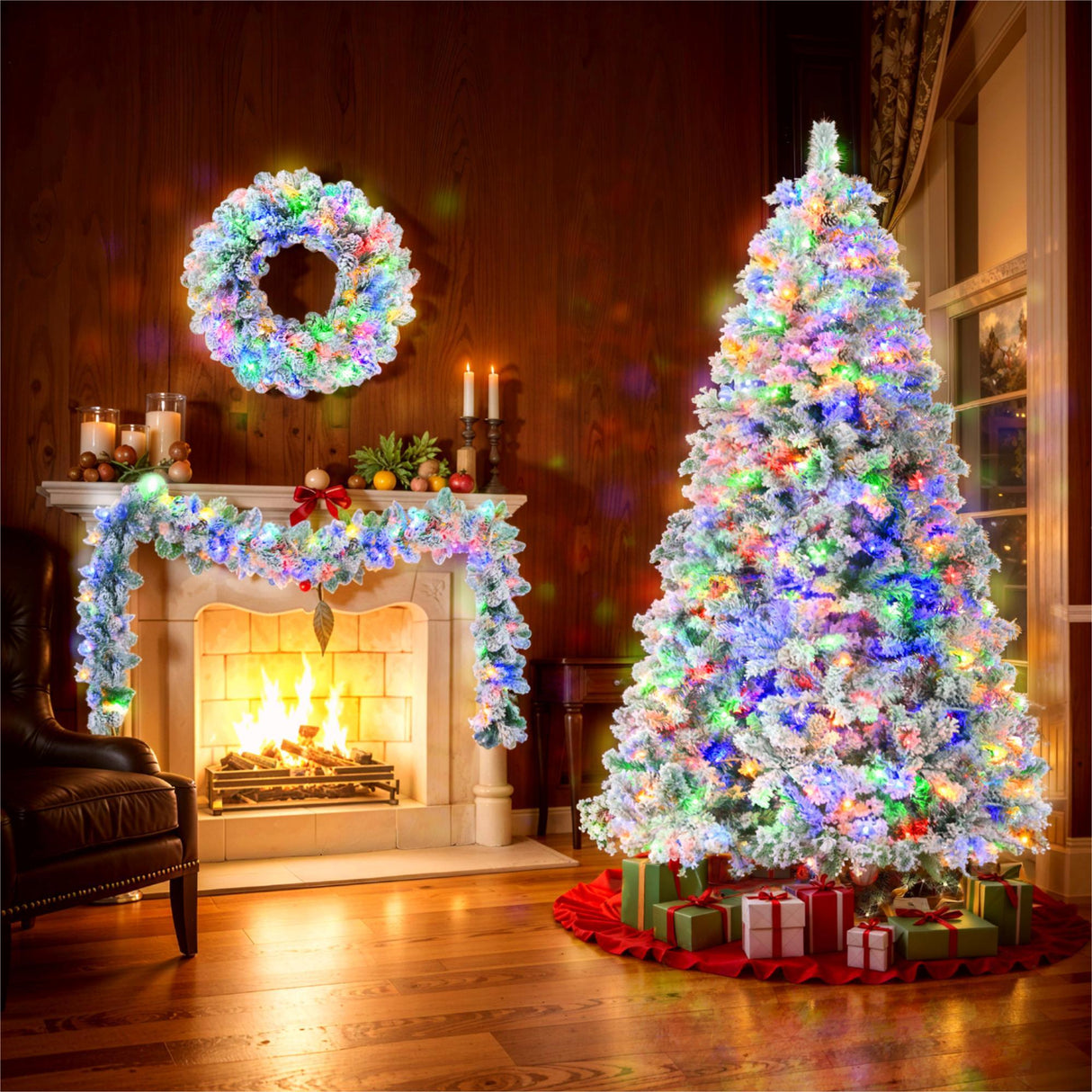 6FT Snow Flocked Christmas Tree,Garland & Wreath