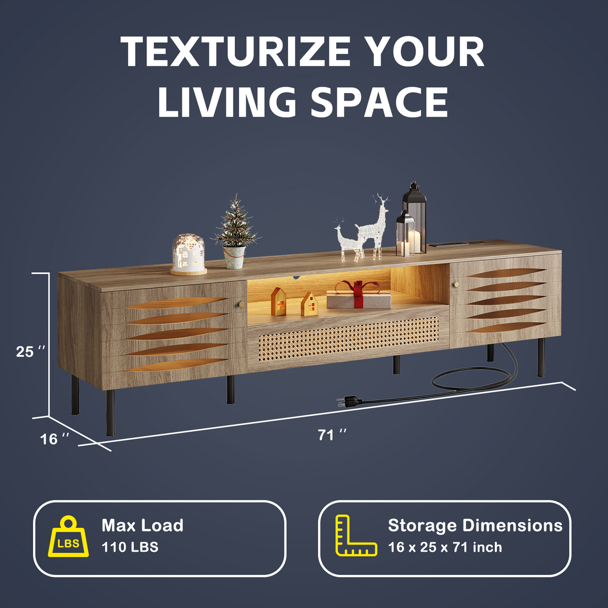 75" TV Stand with Power Outlet, LED Gaming Media Console, 71" Mid-Century Modern Design with 2 Cabinets for Living Room