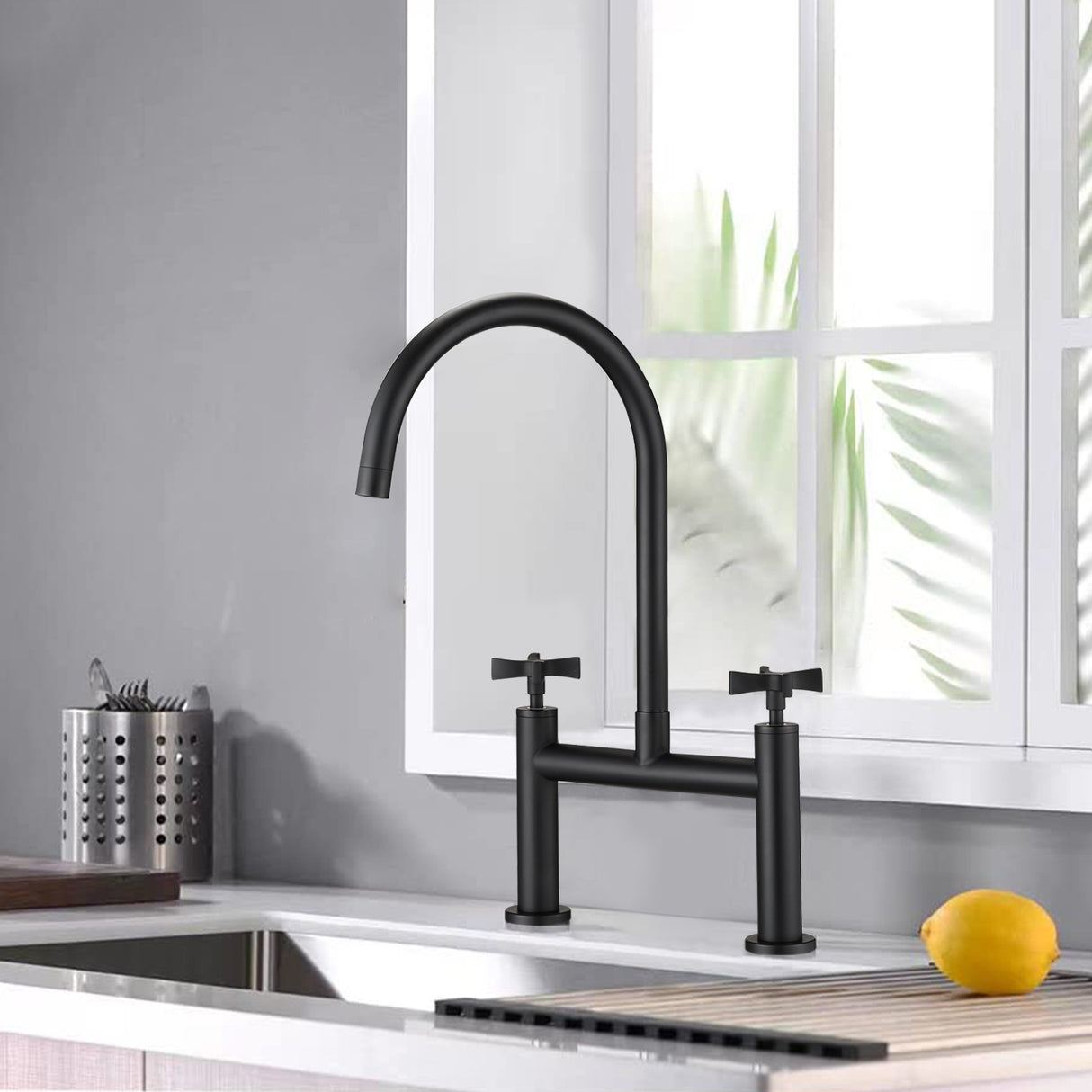 2 Handle Bridge Kitchen Faucet In Stainless Steel