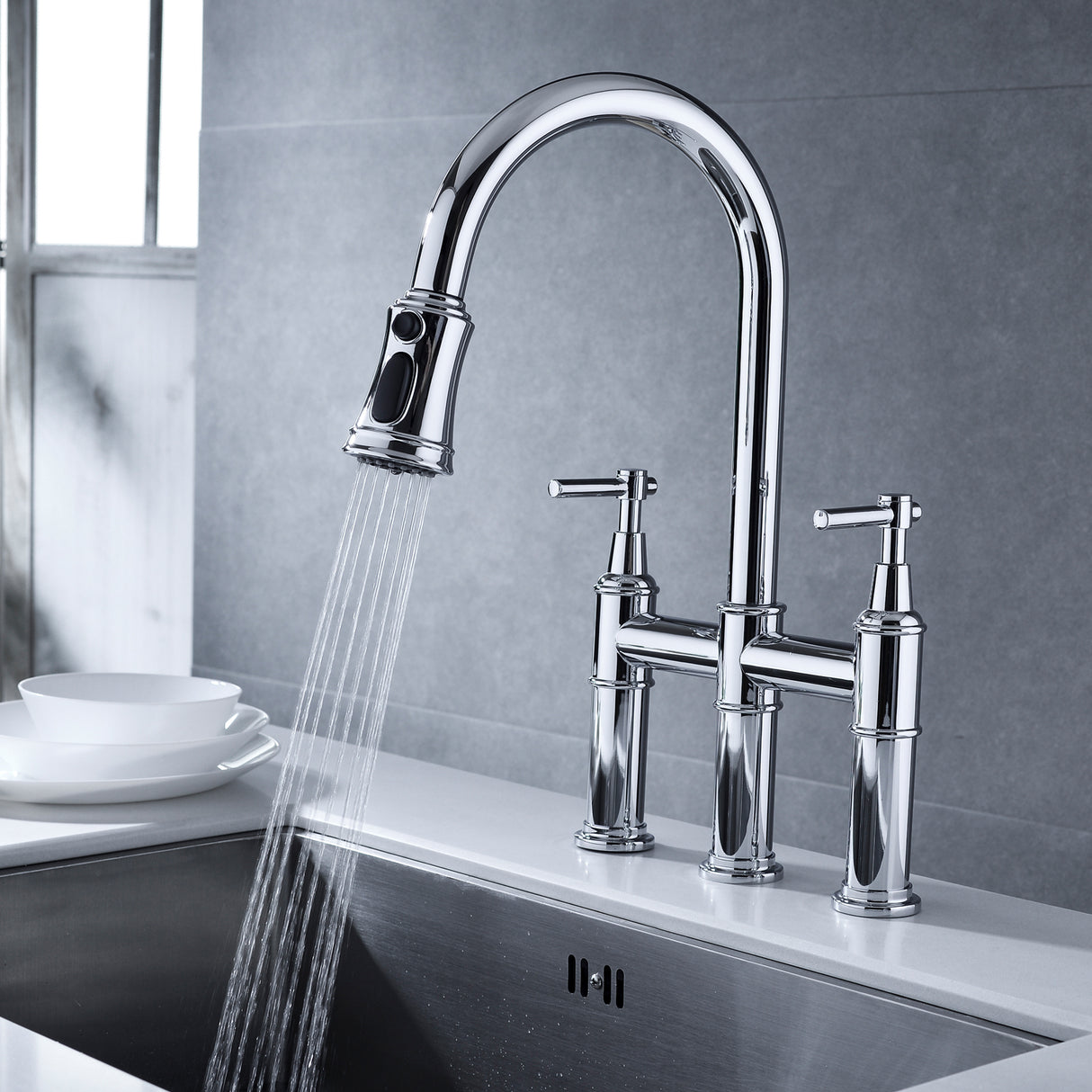 Bridge Kitchen Faucet with Pull-Down Sprayhead in Spot