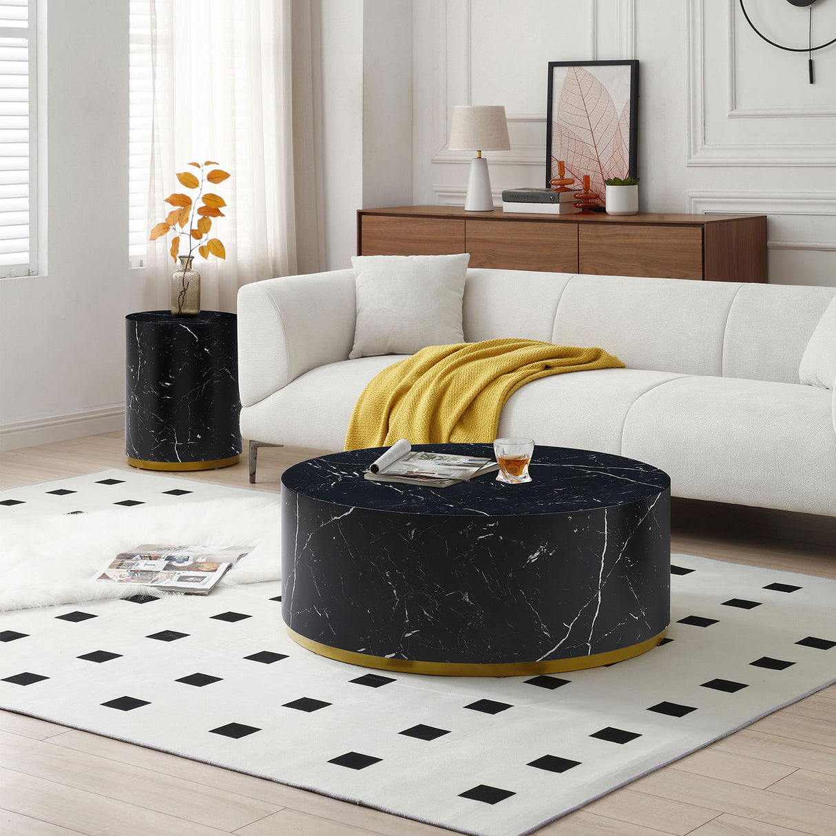 Modern Faux Marble Coffee Tables for Living Room, 35.43inch Accent Tea Tables with Gold Metal Base(Black)