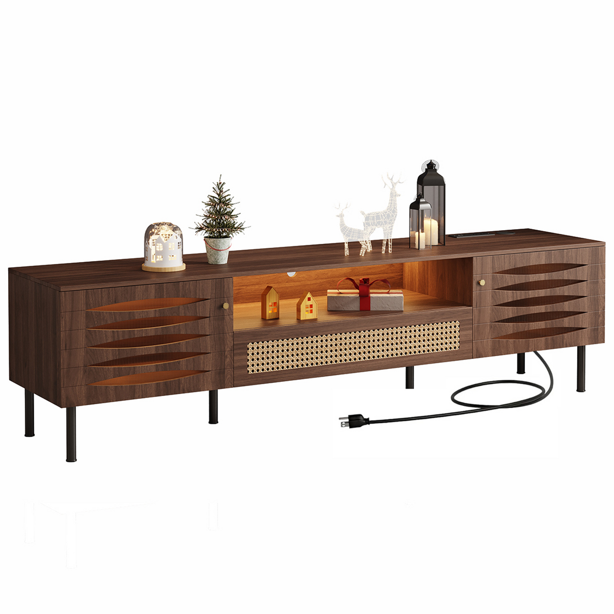 LED TV Stand for 75" TV, Gaming Center with Power Outlet, 71" Mid-Century Modern Console with 2 Storage Cabinets.