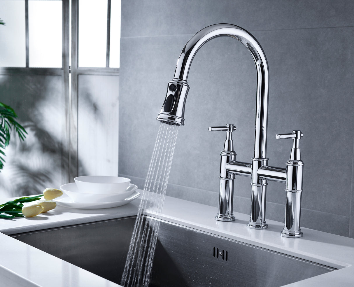 Bridge Kitchen Faucet with Pull-Down Sprayhead in Spot