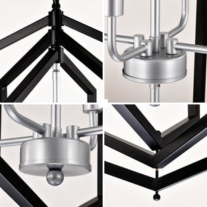 Modern black and silver 12-light geometric chandelier for dining rooms. Sleek LED & Lighting design with a unique cage frame, ideal for high ceilings. Perfect for creating elegant dining spaces. Available now at BoltBuy.com.