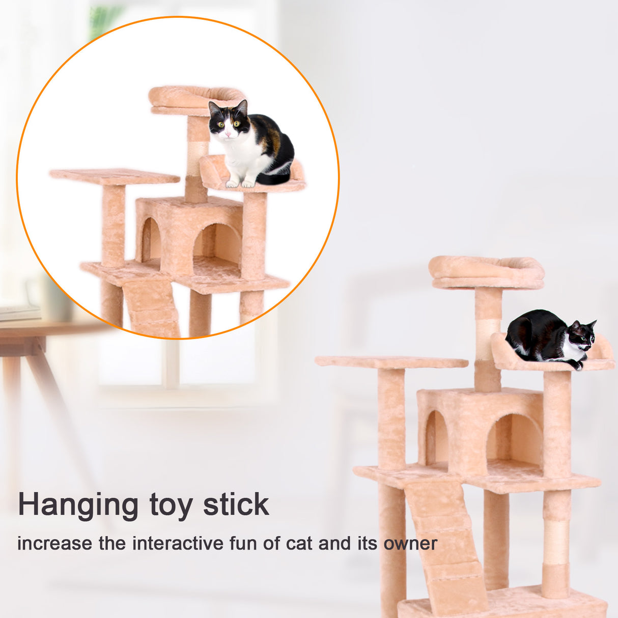 Beige multi-level cat tree with cozy perches, scratching posts, and a hidden cubby, perfect for providing cats a comfortable place to play, climb, and rest. Stylish and durable design for pet furniture lovers at BoltBuy.com.