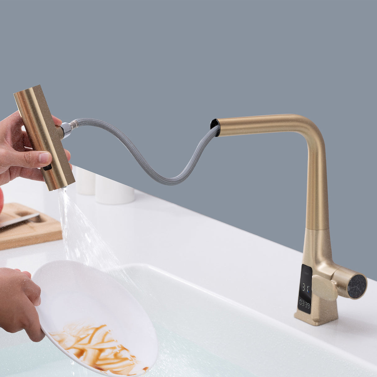 Brushed Gold Waterfall Kitchen Faucet with Temperature Display