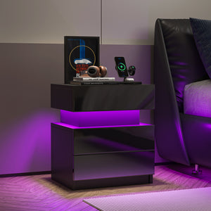 NEW LED Nightstand Modern Black Nightstand with Led Lights Wood Led Bedside Table Nightstand with 2 High Gloss Drawers for Bedroom