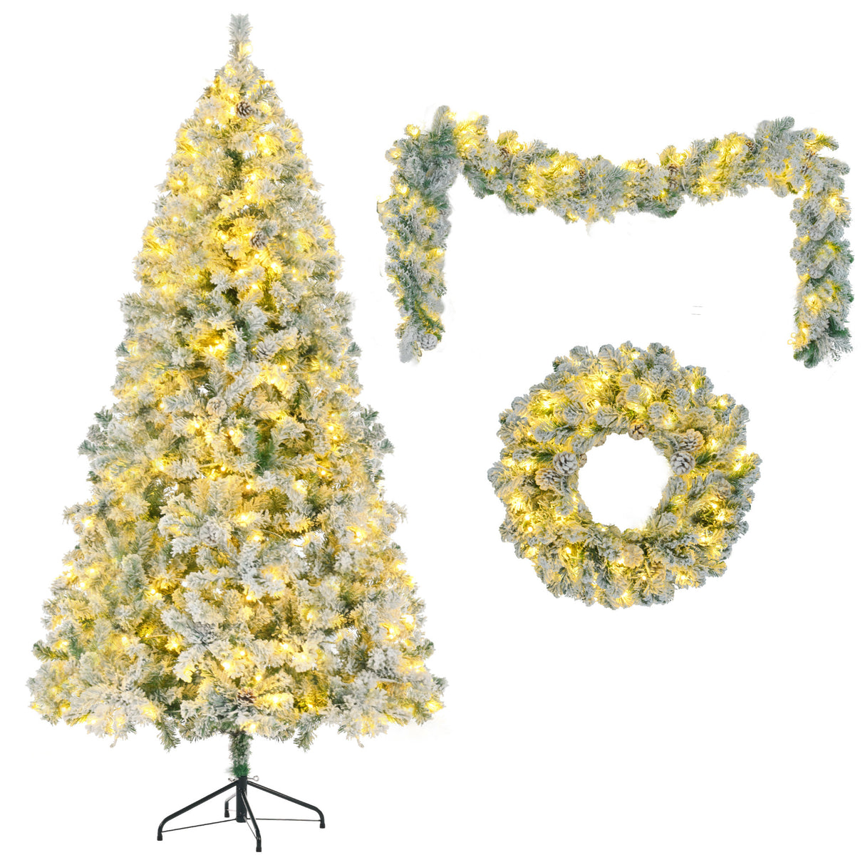 6FT Snow Flocked Christmas Tree,Garland & Wreath